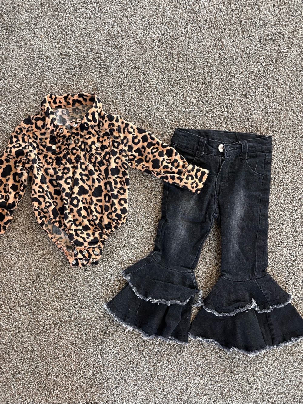 Wrangler Girls Leopard Print Bodysuit and Black Ruffle Jeans Set